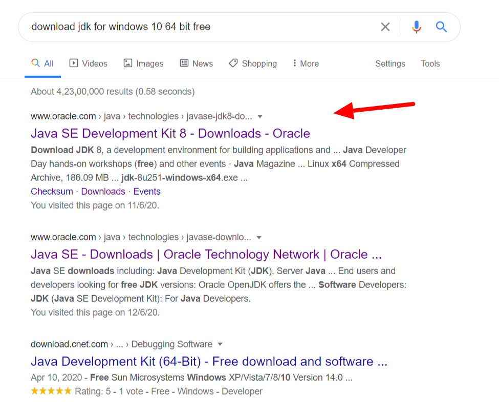 Download jdk for windows Google search results.