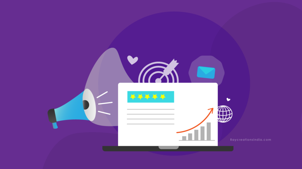 Illustration of a loudspeaker, review card, arrow hitting target made of circles, hearts, email message floating, and a globe on a dark purple background.