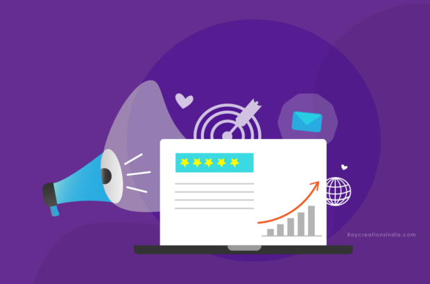 Illustration of a loudspeaker, review card, arrow hitting target made of circles, hearts, email message floating, and a globe on a dark purple background.
