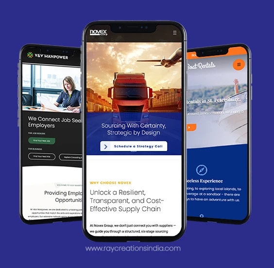 portrait of 3 mobile phones stacked vertically next to each other with web design portfolio displaying in them, against a dark purple background.