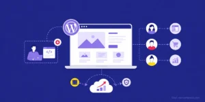 White-label WordPress development illustration showing a central WordPress website connected to agency clients, coding, hosting, security, and growth icons.